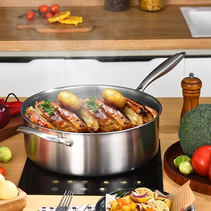 LOLYKITCH 7 Quarts Hybrid Non Stick Tri-Ply Stainless Steel Saut챕 Pan with Lid,12 Inch Deep Frying Pan,Large Skillet,Induction Cooking Pan, Oven Safe and Detachable Handle.