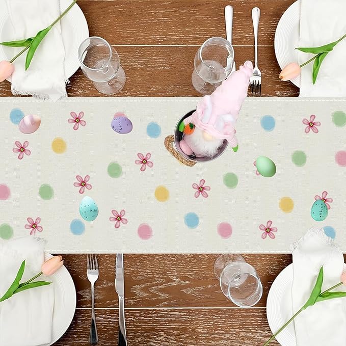 QIONG MENG Easter Table Runner Bunny Eggs Basket Flowers Burlap Table Decoration Spring Holiday Home Party Kitchen Dining Table Supplies 13x60 Inch