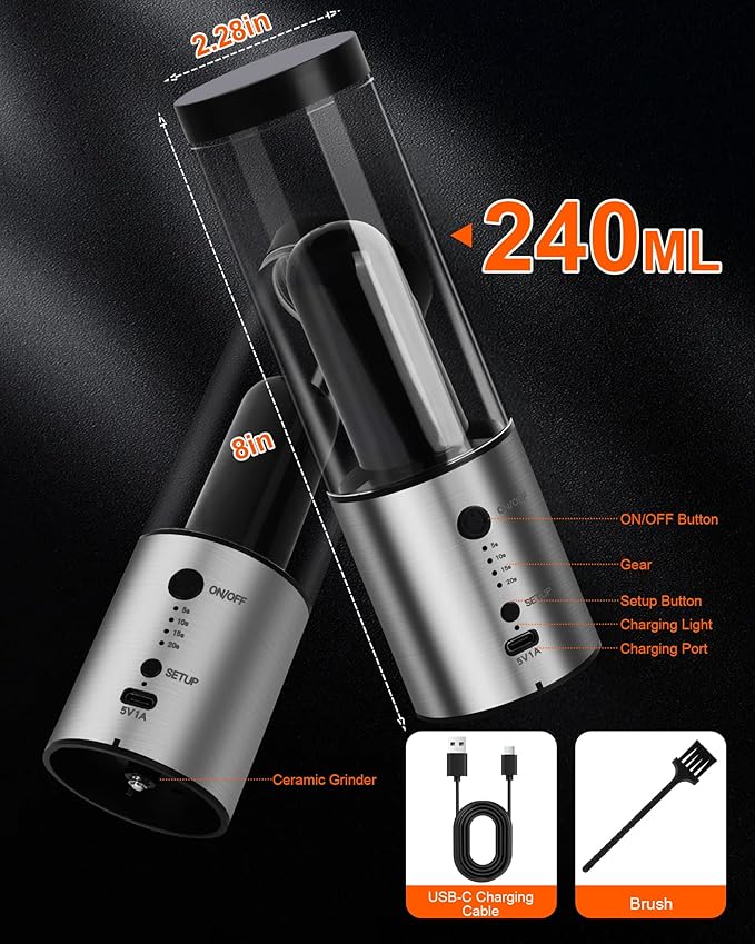 Electric Salt and Pepper Grinder Set, 2-Pack 480ML Capacity, USB-C Rechargeable 4-Timing Settings, Automatic Salt and Pepper Shakers, One-Handed Operation, Birthday Gifts for Women Mom