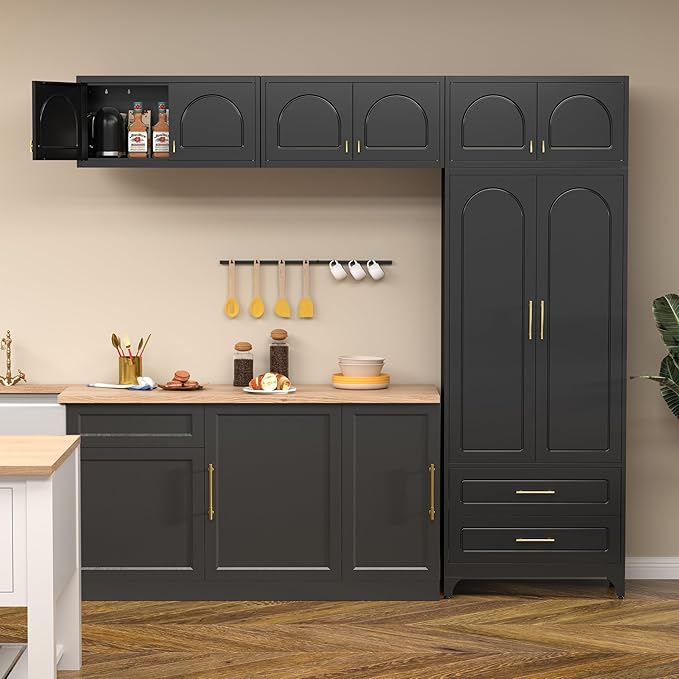 Kitchen Pantry Cabinet with 2 Drawers, 90" Tall Metal Storage Cabinets with Doors and Shelves, Food Cupboards for Dining, Living Room, 16" D x 32" W x 90" H, Black, Assembly Required