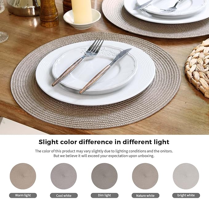 FunWheat Round Braided Placemats Set of 6 Table Mats for Dining Tables Woven Washable Non-Slip Place mats 15 inch(Taupe, 6pcs)