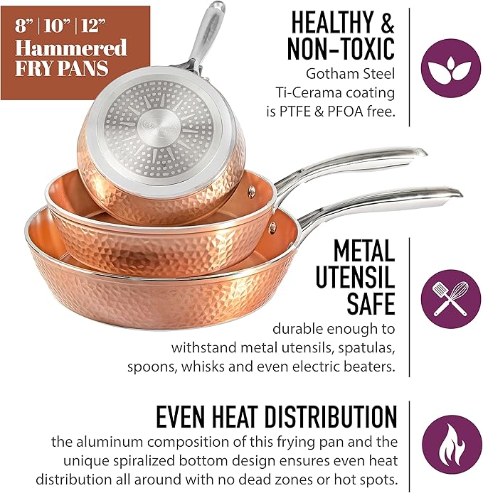 Gotham Steel Hammered Frying Pan Set, 3 Piece Nonstick Copper Fry Pans, 8?? 10??& 12??Skillet, Omelet Pan, Cookware, PFOA Free, Dishwasher Safe, Cool Touch Handle
