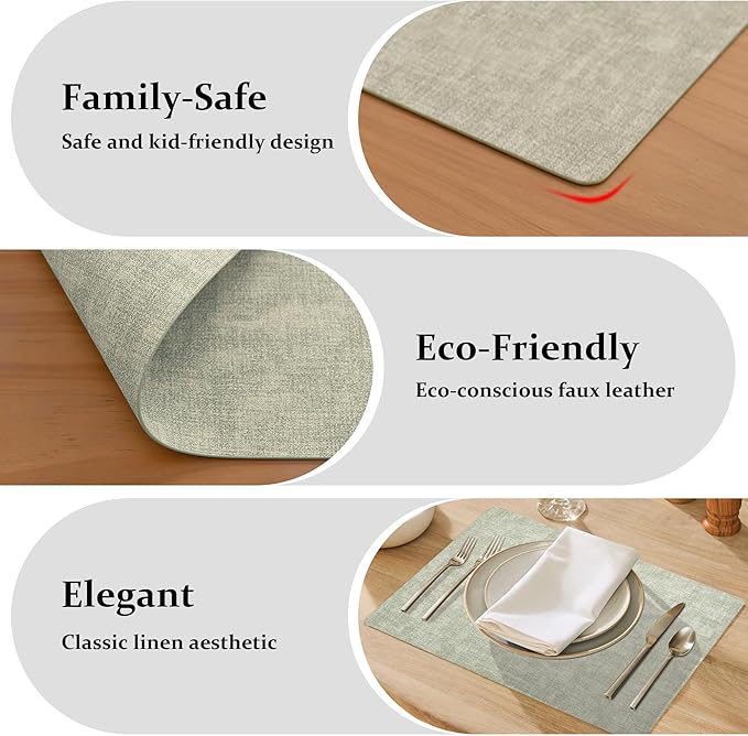 FROMHEART Faux Leather Placemats Set of 8?밯aterproof,Heat/Oil Stain-Resistant PU Table Mat?밨eversible,Non-Slip,Easy to Clean Place Mats for Kitchen,Dining,Indoor/Outdoor,(Light Green,11.8" x 17")