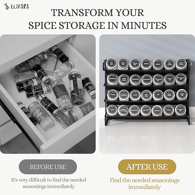 4-Tier Spice Rack Organizer Set ??Wall Mounted or Countertop ??Includes 28 Glass Spice Jars, 386 Spice Labels, Funnel, and Chalk Marker ??Kitchen Spice Storage Solution