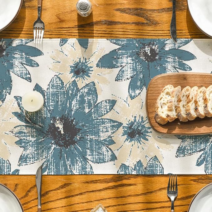 Artoid Mode Blue Retro Daisy Spring Table Runner, Seasonal Vintage Kitchen Dining Table Decoration for Home Party Decor 13x48 Inch