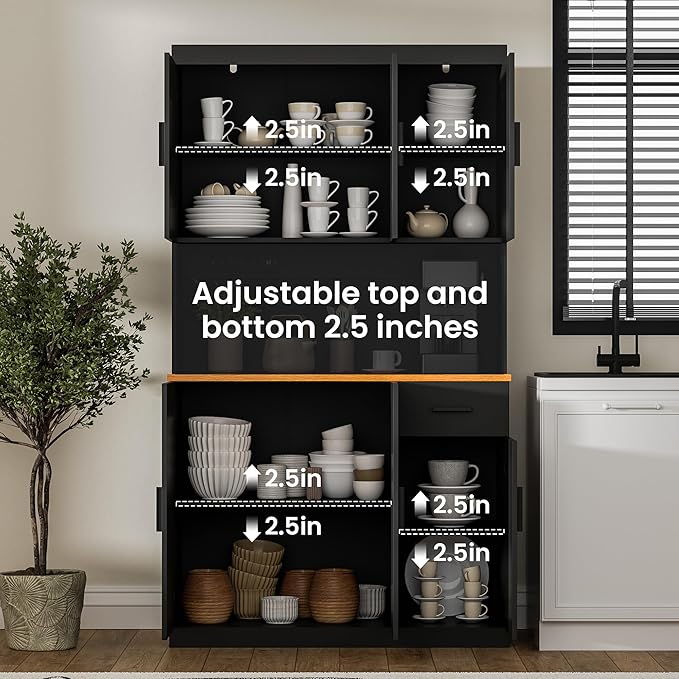 71 Inch Black Pantry Cabinet with Power Outlet, Heavy-Duty Freestanding Kitchen Storage Organizer with Reinforced Frame, Pantry Hutch for Kitchen, Dining Room, Living Room