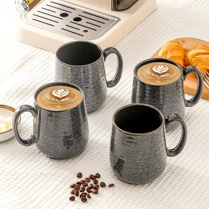 HASENSE Ceramic Coffee Mugs - 15 OZ Large Coffee Cups Set of 6 with Handle for Hot Beverages, Porcelain Latte Mugs for Tea, Milk, Cocoa, Cappuccino and Mocha, Microwave and Dishwasher Safe, Grey
