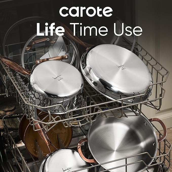 CAROTE 8"+10" +12" Stainless Steel Frying Pan Set, Non-Toxic PTFE & PFOA Free Fry Pan & Omelet Pan, Oven Safe, Compatible with Induction, Ceramic, Gas Cooktops, Silver