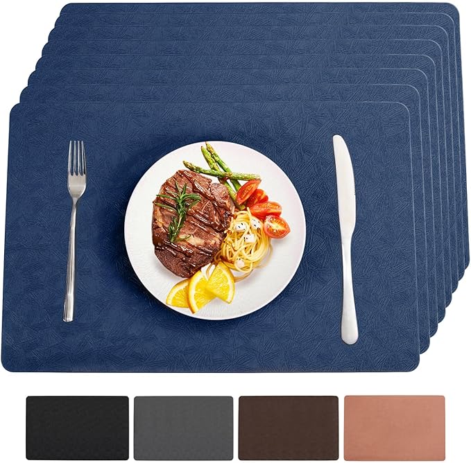 Bxzandya Vinyl Placemats Set of 8 Heat Resistant Easy Clean Non-Slip Place Mats for Dining Table Faux Leather Waterproof Stain Resistant Wipeable Washable PVC Table Mats(8, Blue)