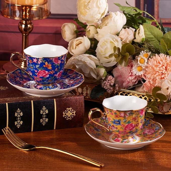 KAMMAK Tea Cups and Saucers Set of 2, Porcelain Coffee Cups with Saucer for Espresso, Cappuccino, 6.3oz Vintage Gold and Blue Ceramic Novelty Mug for Home, Tea Party, Office