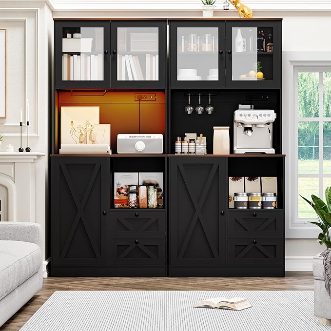 71?섃셁itchen Pantry Storage Cabinet with LED Lights and Power Outlet, Tall Farmhouse Kitchen Hutch with Microwave Stand,Globet Hooks and Adjustable Shelf for Dining Living Room,Black