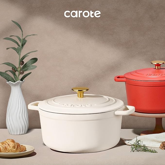 CAROTE 7QT Enameled Cast Iron Dutch Oven Pot with Lid, Heavy-Duty Dutch Ovens for Sourdough Bread Baking, Braising, Stews, Roasting, Healthy & Non-Toxic, Dual Handles, All Stovetop Compatible, Oven Safe up to 500째 F, Cream White