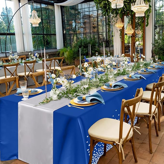 Tudomro 16 Pieces Silver and Dark Blue Disposable Plastic Tablecloths and Satin Table Runner Set 54x108 Inch Tablecloth 12x108 Inch Table Runners for New Year Wedding Birthday Baby Shower Graduation