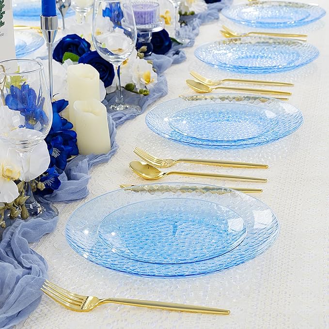 Rubtlamp 100 Pcs Blue Plastic Plates,Heavy Duty plastic Plates,Fancy Disposable Plates, Hammered Plastic plates Include 50 Pcs Dessert Platos, 50 Pcs Dinner Platos for Party