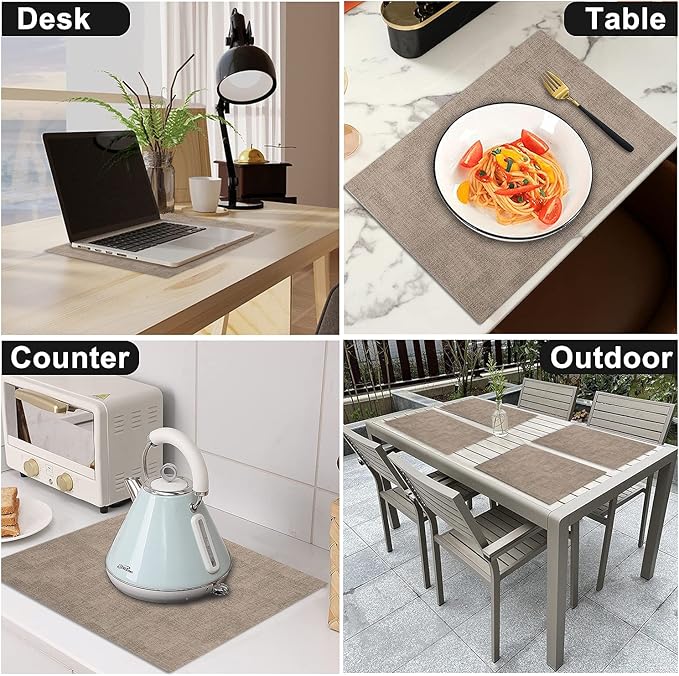 LANDVIEW Leather Heat Resistant Placemats Set of 6 Waterproof Wipeable Washable PU Table Mats,Easy to Clean Anti-Slip Place Mats (Light Brown, 6)