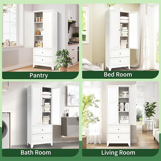 72" Tall Kitchen Pantry Cabinet,White Metal Pantry Cabinet with 2 Drawers & 2 Adjustable Shelves,Utility Storage Cabinet Rust-Resistant for Living Room,Dining Room,Bathroom,Garage,Basement