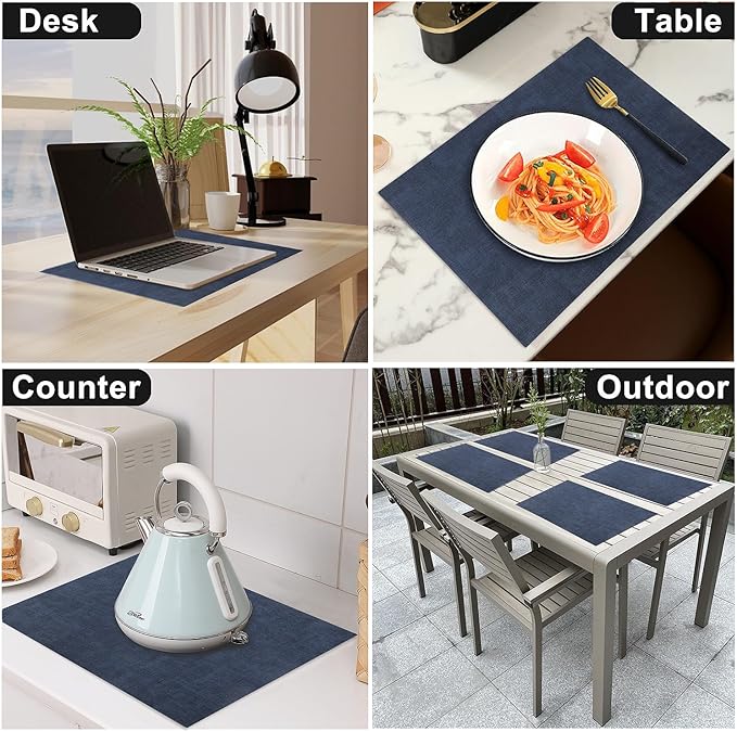 LANDVIEW Leather Heat Resistant Placemats Set of 6 Waterproof Wipeable Washable PU Table Mats,Easy to Clean Anti-Slip Place Mats (Navy Blue, 6)