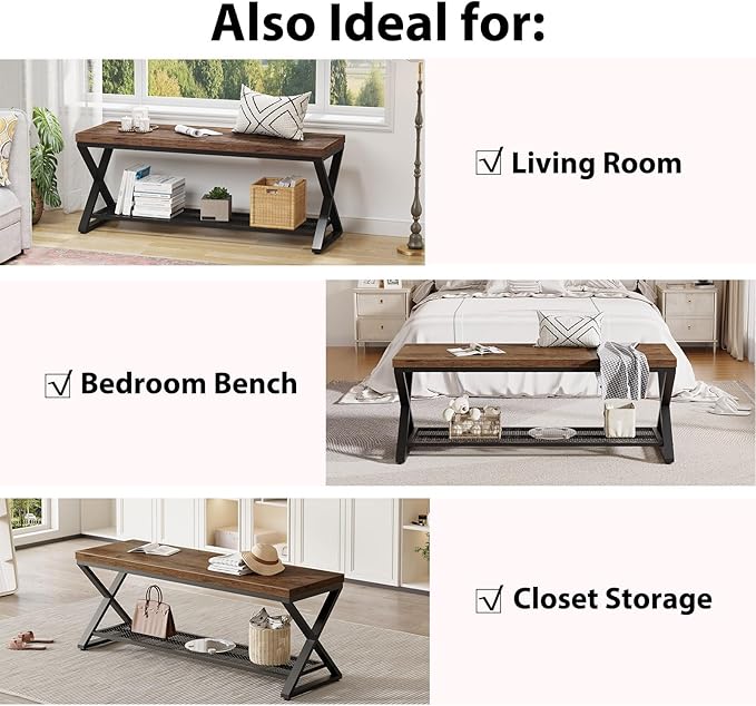 LVB Rustic Entryway Bench, 47??Shoe Bench with Storage for Entry Way, Industrial Shoe Rack Bench with Seating for Foyer Entrance, Farmhouse Wood Bench for Hallway Living Room Bedroom, Rustic Brown
