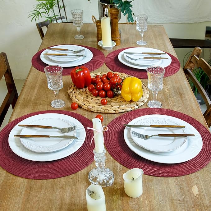 FunWheat Round Braided Placemats Set of 4 Table Mats for Dining Tables Woven Washable Non-Slip Place mats 15 inch(Wine,4pcs)