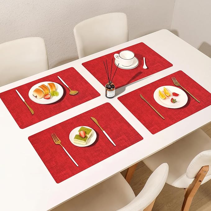 Boobezeen Faux Leather Placemats Set of 6, Heat Resistant Wipeable Washable Vinyl Place Mats, Waterproof Anti-Slip Dining Table Mats, Suitable for Indoor & Outdoor Use (red)