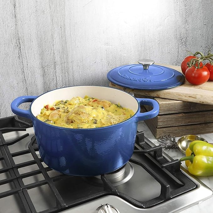 Crock-Pot Artisan 5-Quart Round Enameled Cast Iron Dutch Oven ??Blue, Durable Heavy-Duty Cookware for Slow Cooking, Roasting, Baking with Lid