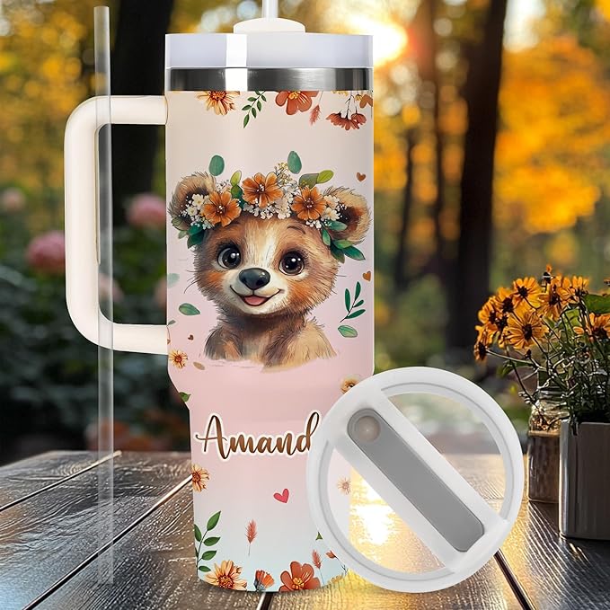 AGGLOMEKC Personalized Cute Bear Cup - Mother's Day Birthday Gift For Animal Lovers - Just A Girl Who Loves Bear Tumbler 40oz With Custom Name - Pet Lover Gifts For Women, Her