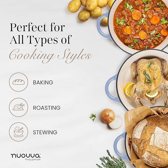 Nuovva Enamelled Cast Iron Dutch Oven Pot with Lid 6.4 Quart Non Stick Casserole Pot ??Heavy Duty & Oven Safe up to 500째 F for Bread Baking, Braising, Stews, Roasting ??28cm Costal Blue