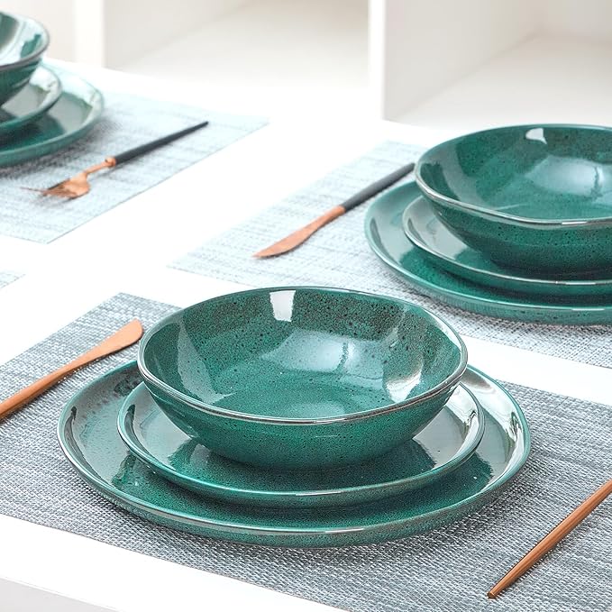 Bestone 12 Pieces Round Kitchen Dinnerware Sets竊똏lates and Bowls Sets,Dishes, Plates, Bowls, Dish Set, Chip Resistant Ceramic Dinnerware Set, Dishwasher/Microwave Safe,Service for 4,Ceylon Green