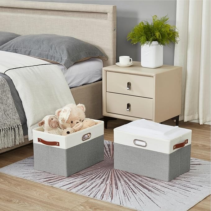 Bagnizer Large Collapsible Fabric Storage Bins with 3 Handles, Foldable Organizer Baskets for Closet, Shelves, Living Room | 3 Pack, Durable PU & Metal Handles (14.9"x9.8"x9.8", Gray & White)