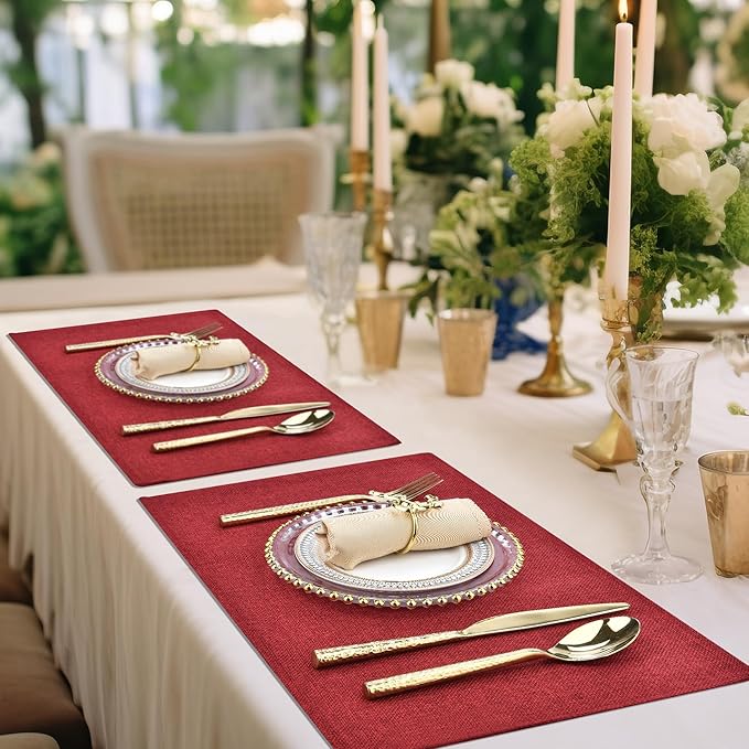 SLKQG Christmas Linen Fabric Placemats Set of 6 - Holiday Dining Table Mats for Festive Decor, Heat Resistant & Machine Washable, Place Mats for Dinner Parties, Xmas Gift for Home (6, Wine Red)