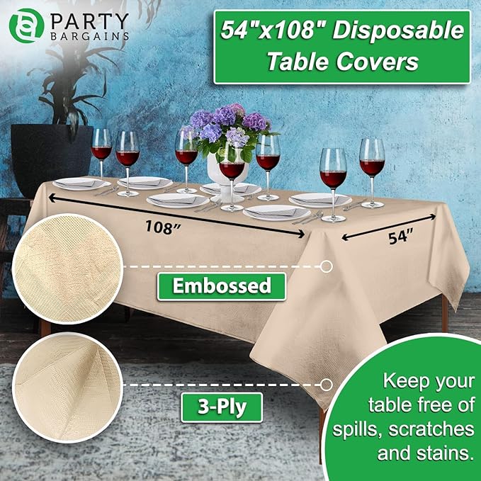 PARTY BARGAINS Disposable Table Covers, 54 x 108 Inch, Ivory, 3-Ply Paper & Plastic Spill-Resistant Party Tablecloths, 5 Pack