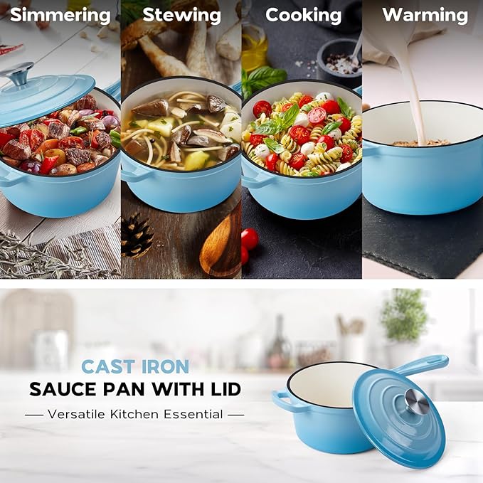 Onader 1 Quart Saucepan, Enameled Cast Iron Sauce Pan Pot, Small Kitchen Pot for Cooking with Lid, Enamel Dutch Oven Nonstick ??Lake Blue