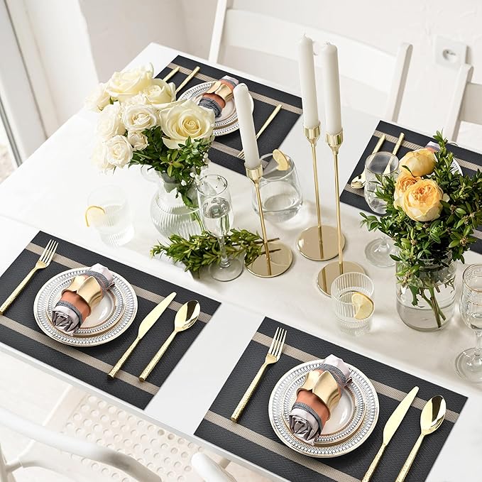 SLKQG Black Placemats Set of 6 - Easy Clean Modern Durable Washable Vinyl Place Mats - Heat Resistant Placemats for Kitchen Table - PVC Table Mats for Dining Table (Black with Stripes, 6)