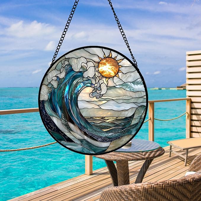 Stained Glass Window Hanging, Blue and White Waves Suncatcher Diamond Glass Panel Landscape Sun Catchers Decor for Birthday for Women, Men, Wife, Aunt, and Mom 7.8 in
