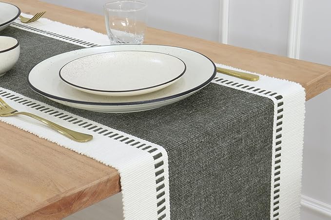 PurpleEssences Table Runner - Wide with Dobby Stripe, Heavy Ribbed Weave & Double Knot Fringes, 14x54 Inch (14x59.5 with Fringes) Farmhouse Decor Christmas Holiday Winter - Artichoke Green and H.White