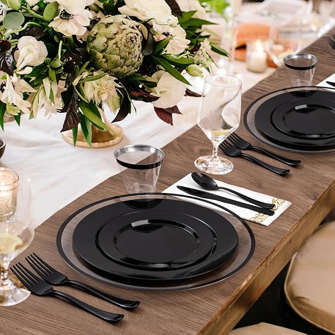 Goodluck 12 Inch Black Charger Plates, 50 Pack Clear Charger Plates with Black Trim, Disposable Plastic Dinnerware, Wedding, Party