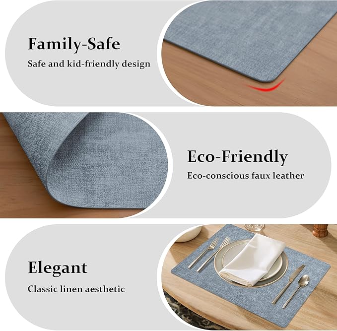 FROMHEART Faux Leather Placemats Set of 4?밯aterproof,Heat/Oil Stain-Resistant PU Table Mat?밨eversible,Non-Slip,Easy to Clean Place Mats for Kitchen,Dining,Indoor/Outdoor,(Light Blue,11.8" x 17")