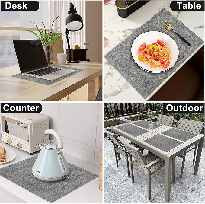 LANDVIEW Leather Heat Resistant Placemats Set of 6 Waterproof Wipeable Washable PU Table Mats,Easy to Clean Anti-Slip Place Mats (Light Grey, 6)