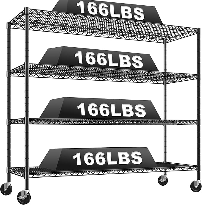 REIBII 60" W Storage Shelves 2878LBS Metal Shelving Unit with Wheels Heavy Duty Garage Shelving Adjustable Wire Shelves for Pantry,Kitchen,Garage,Basement,Business,Warehouse,School,60?쓂 횞24?쒭횞65.3?쒱