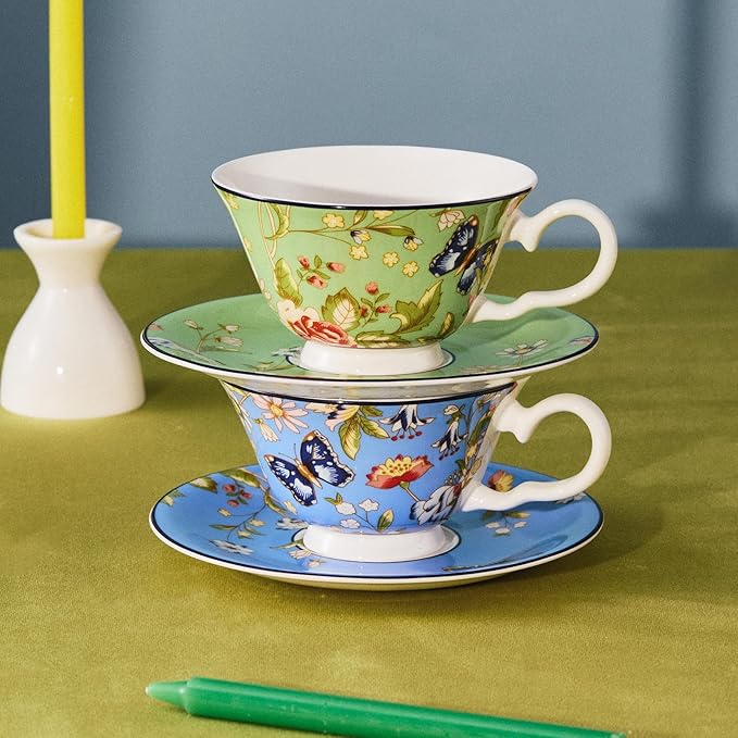Aynsley Cottage Garden Windsor Fine Bone China Teacup & Saucer - 7.5oz (220ml), Elegant Windsor Shape, Christmas Gift for Tea Lovers, British Craftsmanship-Green