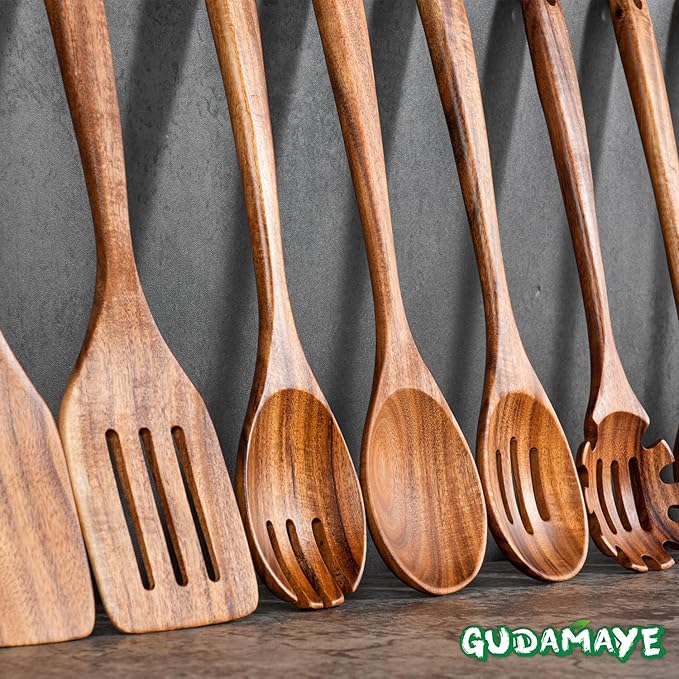 Gudamaye 13 inch Long Wooden Spoons for Cooking, 9 PCS Natural Teak Wooden Kitchen Utensil Set with Utensils Holder Made of Australia Camphor Laurel Wood竊똚ooden Utensils for Cooking