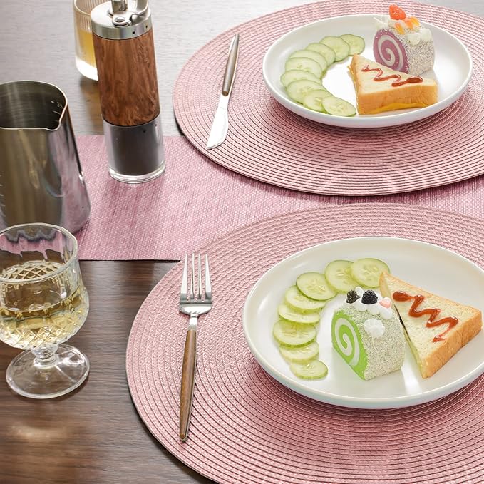 FunWheat Round Braided Placemats Set of 8 Place Mats for Dining Table Woven Washable Non-Slip Table Mats 15 Inch(Pink,8pcs)