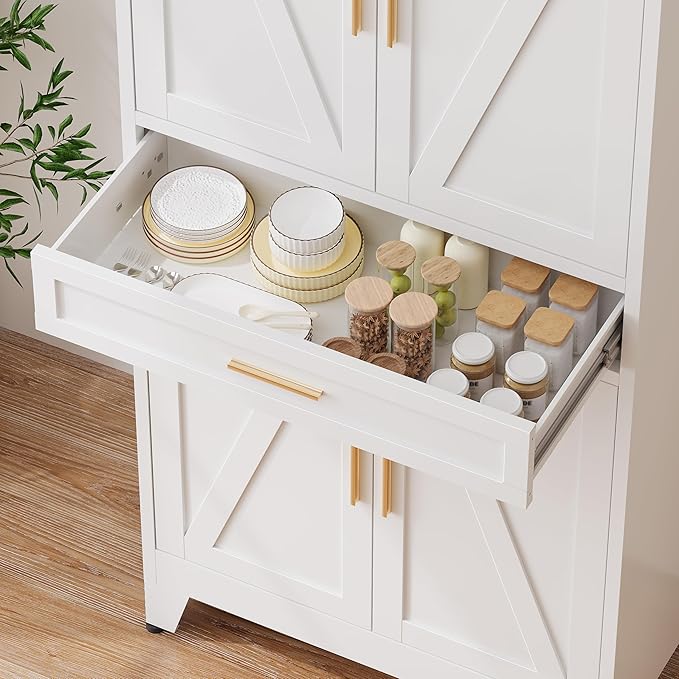 71?쏦 Metal Kitchen Pantry Cabinet with Drawers,White Kitchen Pantry Cabinets,Tall Food Storage Cabinets,Free Standing Pantry Cabinet with 4 Doors,Farmhouse Pantry Cabinets