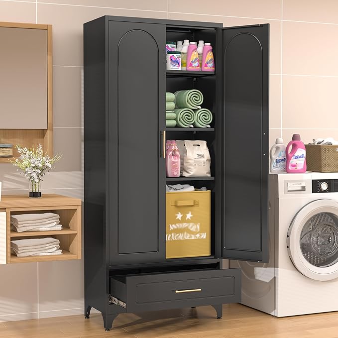 75??Kitchen Pantry Storage Cabinet,Metal Tall Storage Cabinet with Drawers and Adjustable Shelves,Modern Kitchen Hutch Cabinets,Freestanding Cupboard for Dining Room