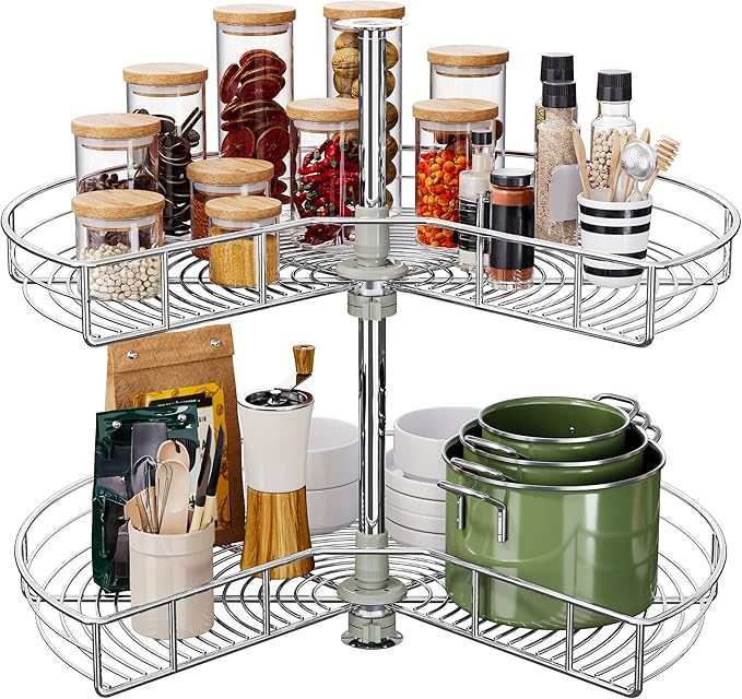 DWVO 28??Kidney 2-Tier Lazy Susan ??Telescoping Mount Corner Cabinet Organizer with Pie-Shelf Design, for Bathroom,Kitchen Cabinet Blind Corners (Chrome, 270째 Adjustable)