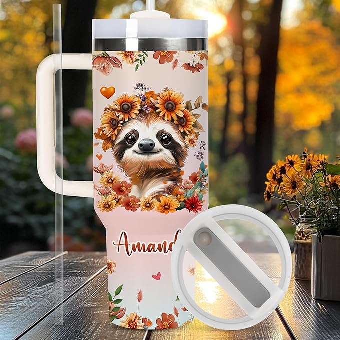 AGGLOMEKC Personalized Cute Sloth Cup - Mother's Day Birthday Gift For Animal Lovers - Just A Girl Who Loves Sloth Tumbler 40oz With Custom Name - Pet Lover Gifts For Women, Her