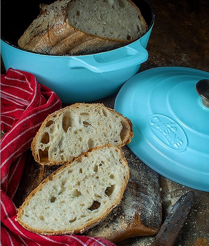 La Cuisine Enameled Cast Iron Dutch Oven Casserole Dish Pot with Lid, 2.1 QT 7.8" /20cm Dia. Internal Matte Black Enamel Coating, 2-tone Teal Enamel Exterior, Oven Safe up to 500째 F for bread baking