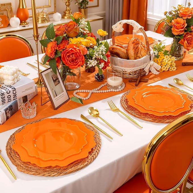 COLOSUS 60 pcs Orange Plastic Plates -Thanksgiving Plastic Plates for Party include 30 Dinner Plate and 30 Dessert/Salad Plate for Wedding,Party,Anniversary,Daily Use