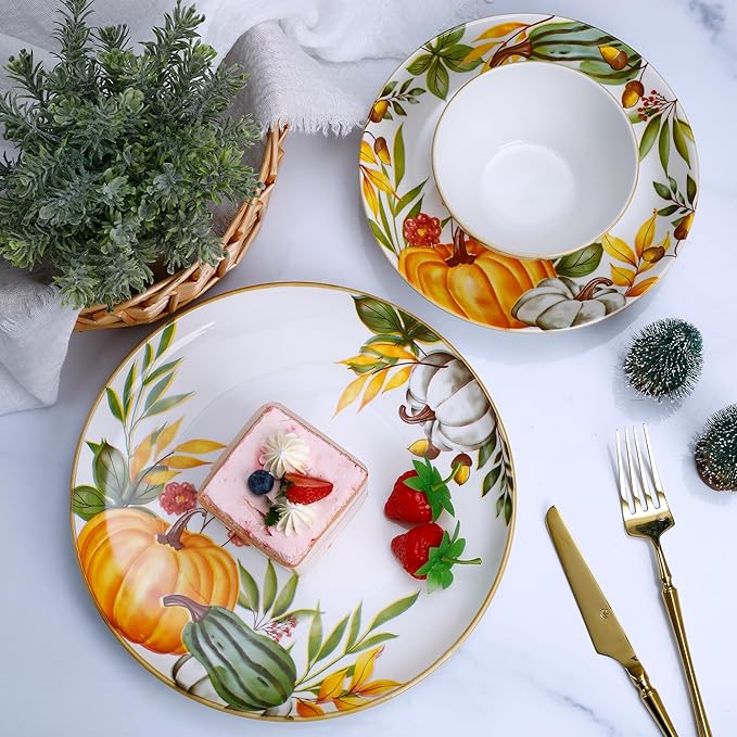 12-Piece Porcelain Dinnerware Set, Service for 4, Pumpkin Pattern Plates & Bowls, Microwave and Dishwasher Safe Dinnerware Set