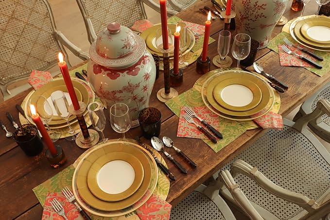 Caspari Linen Border Paper Dinner Plates in Gold - Pack of 8